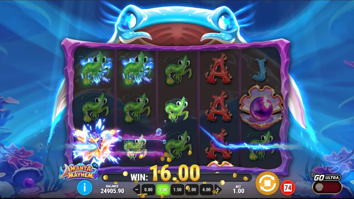 Tampilan grafis slot Manta Mayhem dengan tema bawah laut