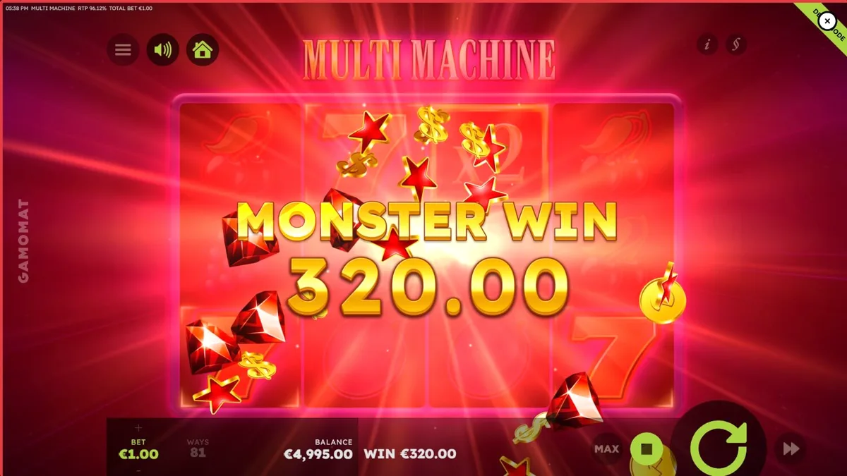 Tampilan antarmuka slot Multi Machine dengan simbol buah dan latar belakang ungu
